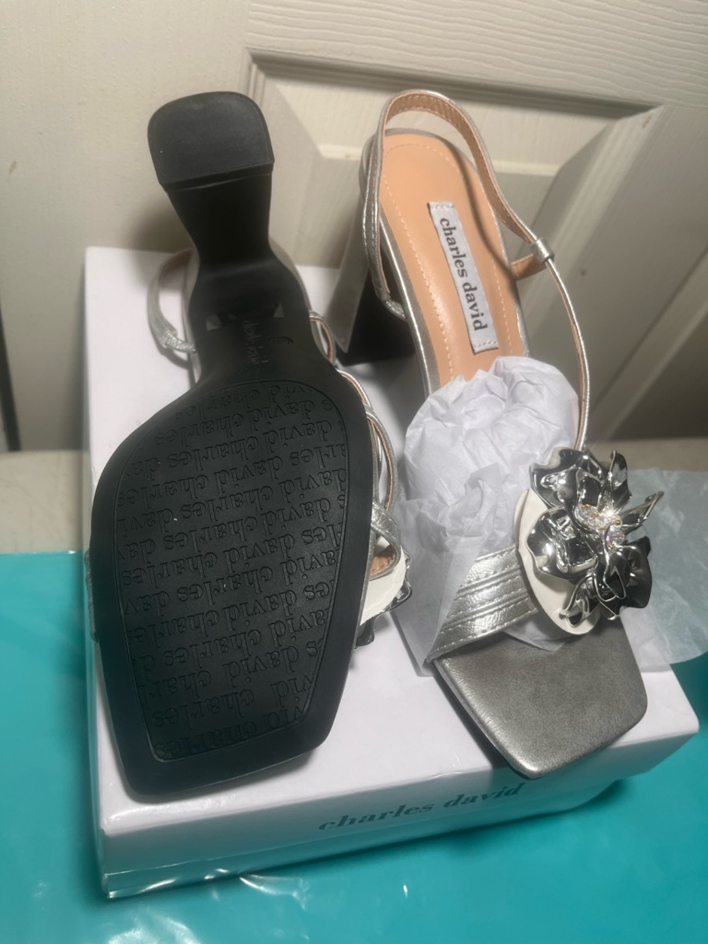 Charles David Silver Floral Accent Block Heel Sandals